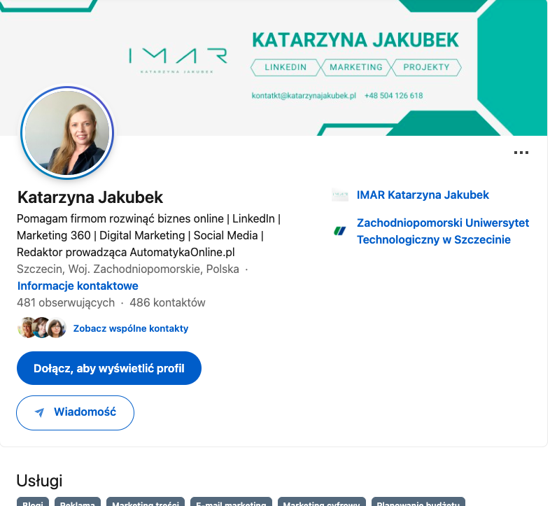 Profil prywatny Katarzyny Jakubek na LinkedIn 