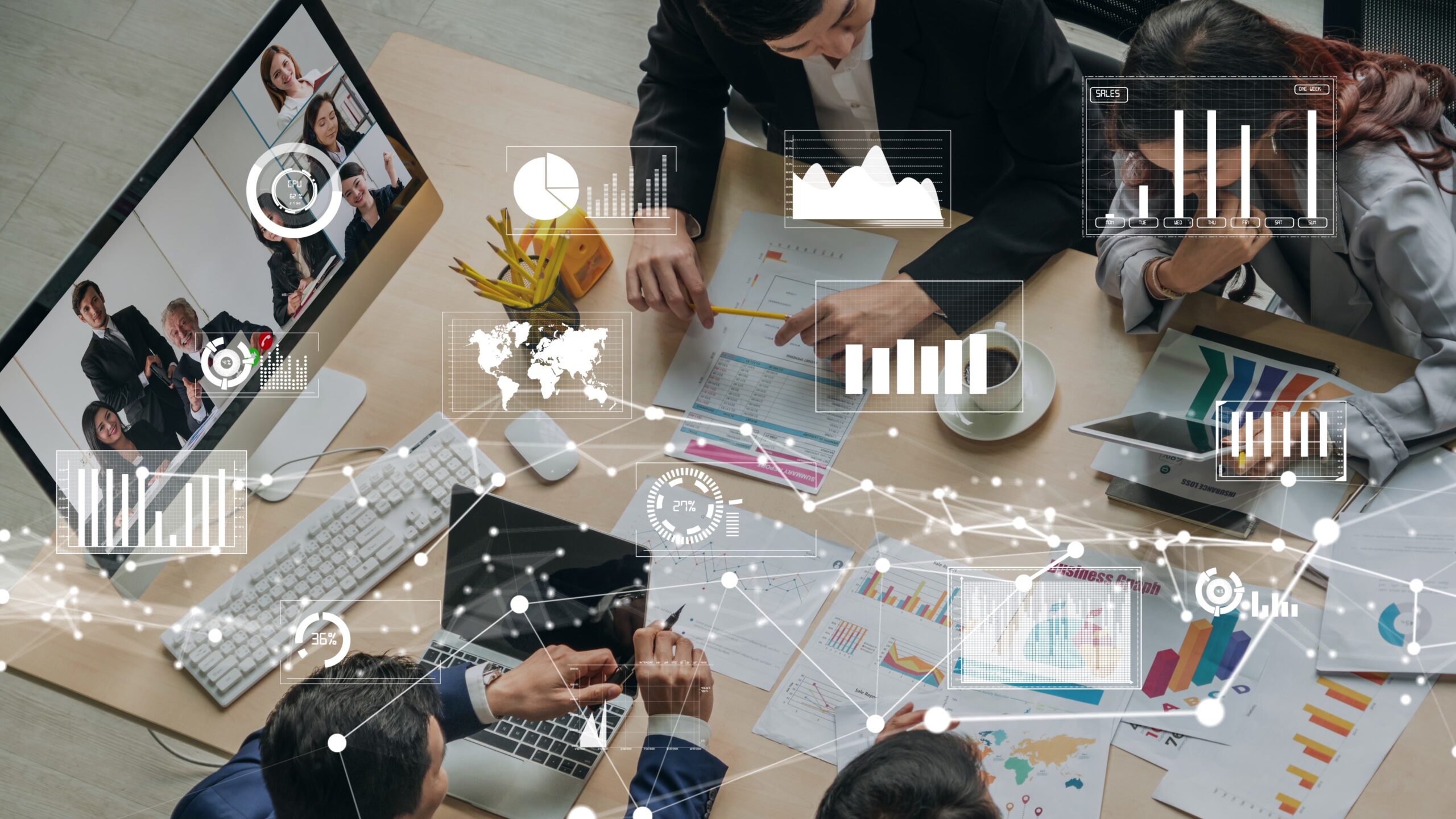 Creative visual of business people in a corporate staff meeting on video call