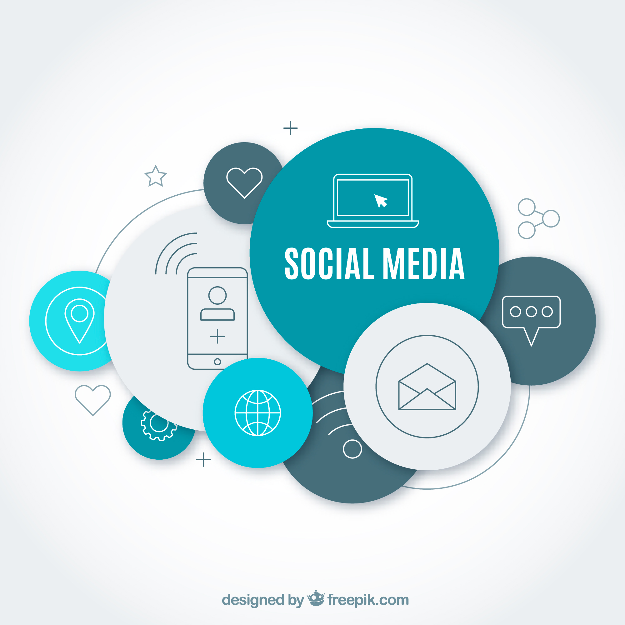 grafika na szarozielonym tle przedstawiająca w kołach ikony maila, telefonu czy social mediów