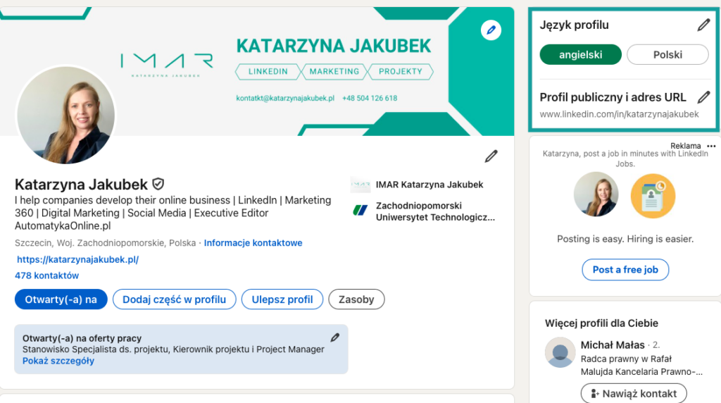 LinkedIn Ekran główny profilu osobistego