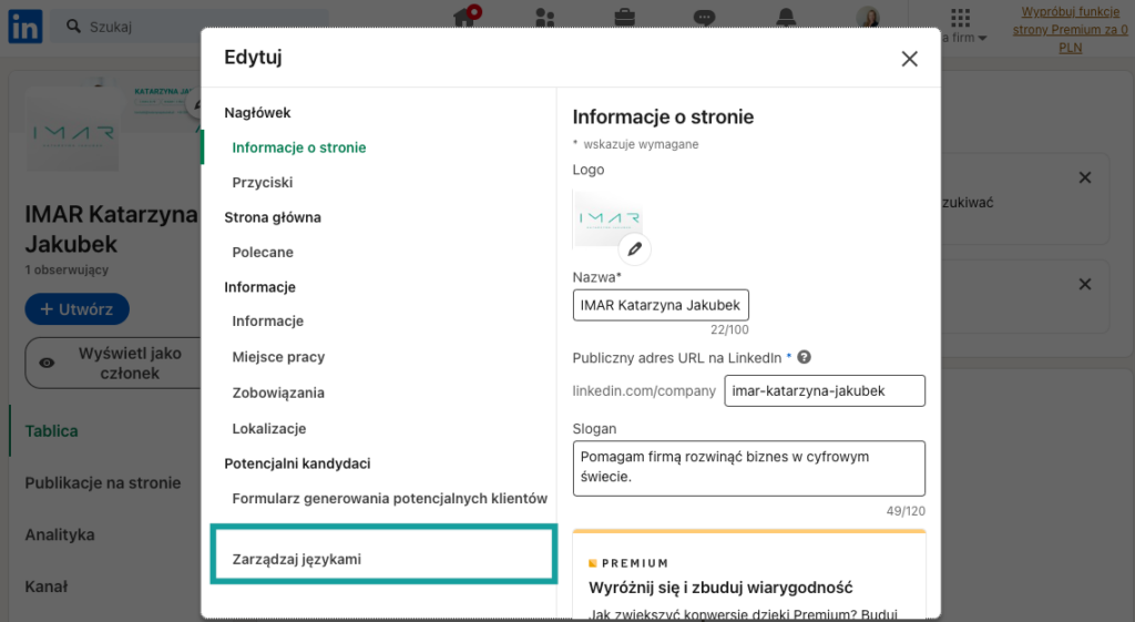 LinkedIn Profil firmowy dodanie języka