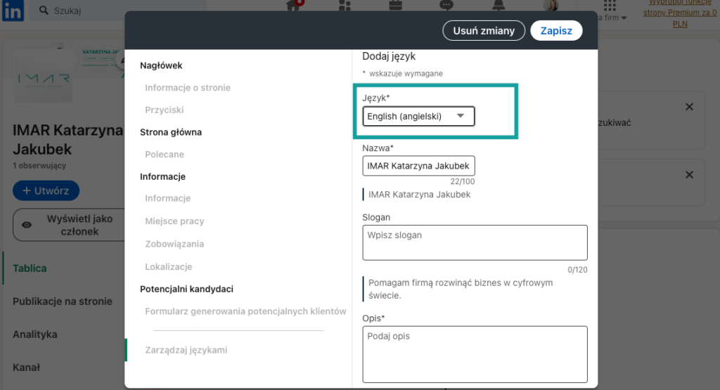 LinkedIn profil firmowy edycja języka