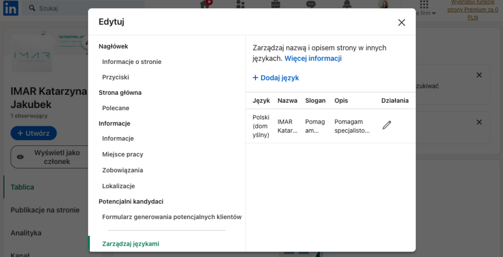 LinkedIn profil firmowy - lista języków